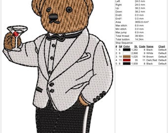 Tuxedo Bear Embroidery Design: Martini Bear Pattern (PDF, EMB, DST)