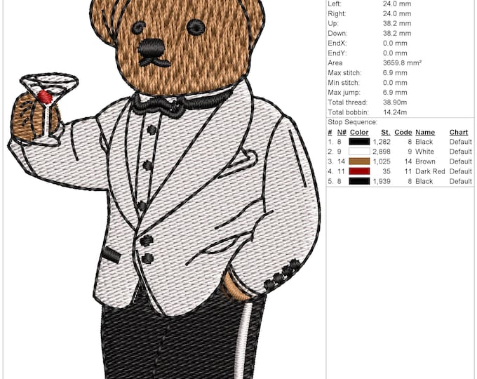 Tuxedo Bear Embroidery Design: Martini Bear Pattern (PDF, EMB, DST)