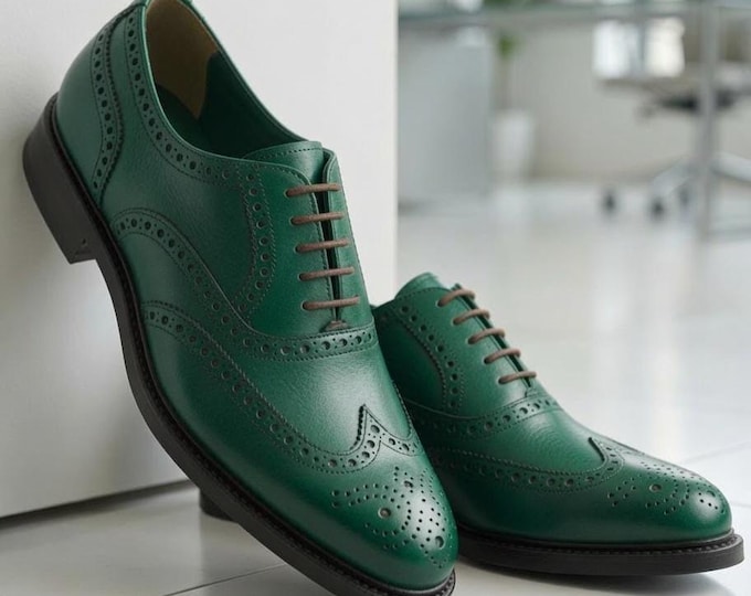 Green Leather Wingtip Brogue Oxford Shoes, Goodyear Welted Formal Dress