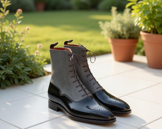 Handmade Two-Tone Leather Suede Dress Boots | Grey Black Cap Toe Lace-Up Victorian Footwear