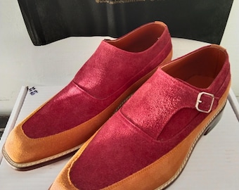 Handmade Two-Tone Monk Strap Shoes, Burgundy Suede & Brown Leather Mens Formal Footwear