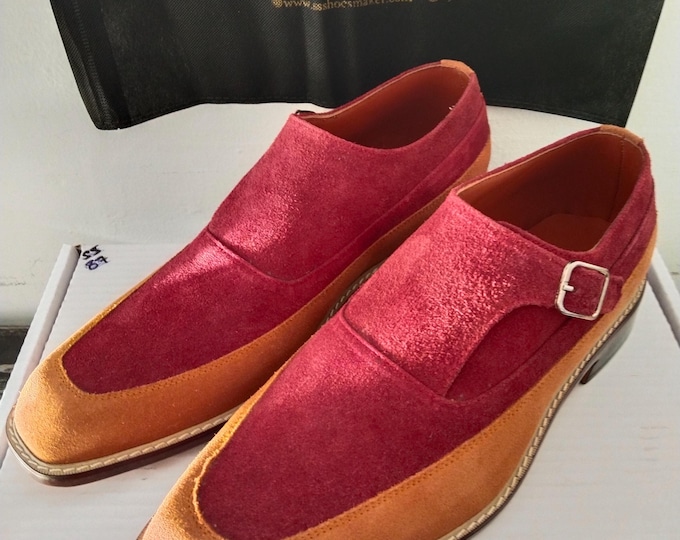 Handmade Two-Tone Monk Strap Shoes, Burgundy Suede & Brown Leather Mens Formal Footwear