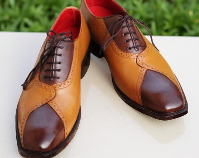 Handmade Two-Tone Leather Oxford Shoes: Tan & Brown Brogues