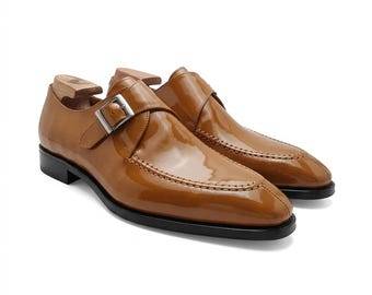 Handmade Tan Patent Leather Monk Strap Shoes, Men's Glossy Brown Dress Shoes, Single Buckle Formal Wedding Shoes, Luxury Leather Footwear