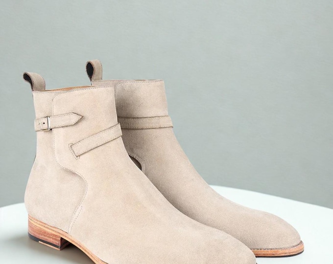 Handmade Beige Suede Jodhpur Boots: Buckle Strap Ankle Boots
