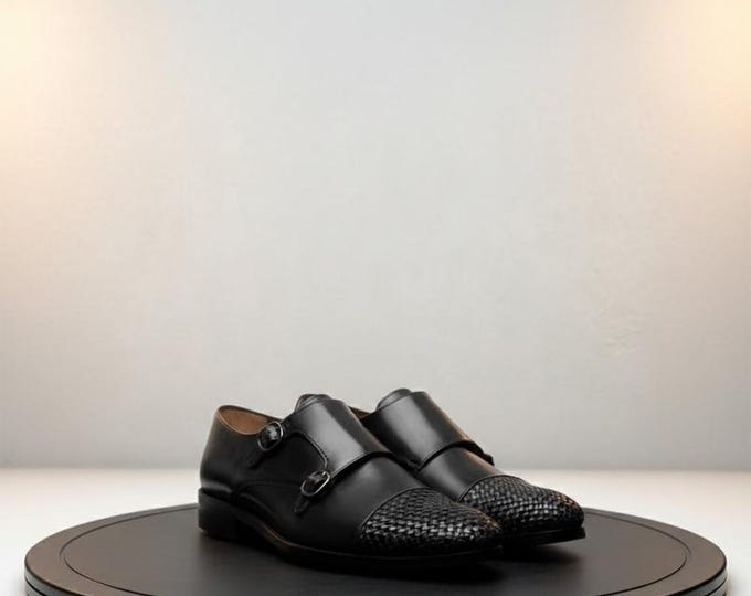 Handmade Black Woven Leather Monk Strap Shoes: Double Buckle Dress Shoes