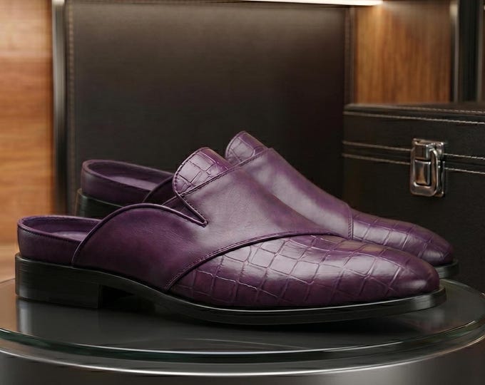 Purple Crocodile Embossed Leather Mule Loafers, Handmade Men's Backless Dress Shoes