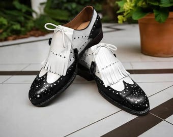Black and White Wingtip Shoes, Handmade Mens Brogues with Kiltie Fringe, Leather Dress Shoes, Vintage Spectator Shoes, Formal Footwear