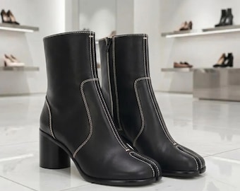 Handmade Black Zipper Tabi Split Toe Leather Boots Japanese-Inspired Hoof Boots Margie la Style Ankle Boots Fashion Footwear