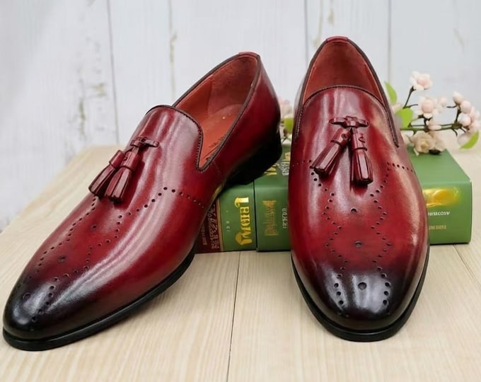 Handmade Burgundy Leather Tassel Loafers – Men's Brogue Dress Shoes