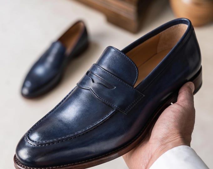 Navy Blue Leather Loafers for Men | Handmade Penny Loafers