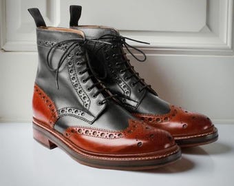Handmade Leather Two-Tone Brogue Boots | Black & Brown Combat Boots | Wedding Boots for Men | Best Gift For Him, luxury boots handcrafted