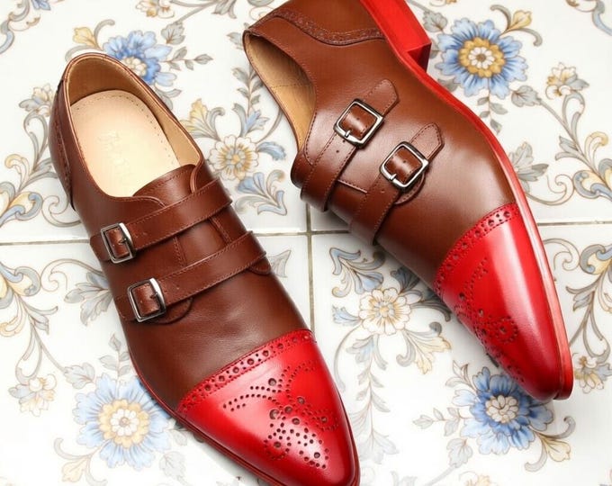 Handmade Brown Red Leather Double Monk Strap Shoes, Wingtip Brogue Dress Footwear