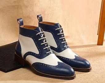 Handmade Blue White Leather Wingtip Boots – Two-Tone Brogue Ankle Dress Shoes