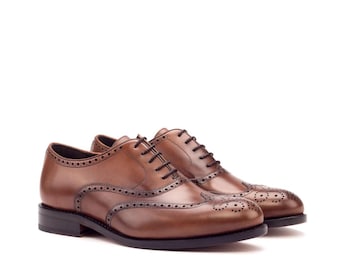 Handmade Brown Leather Oxford Brogue Shoes: Wingtip Dress Shoes