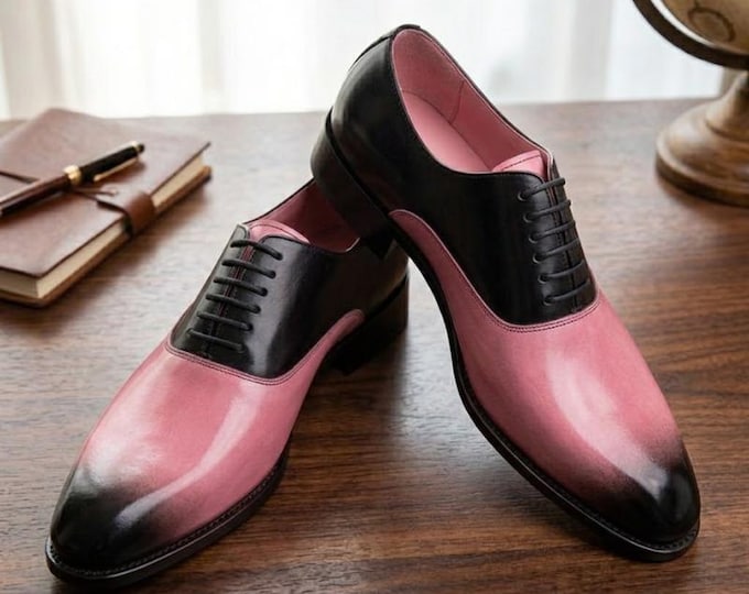 Handmade Pink Black Leather Oxford Shoes – Two Tone Dress Formal Footwear