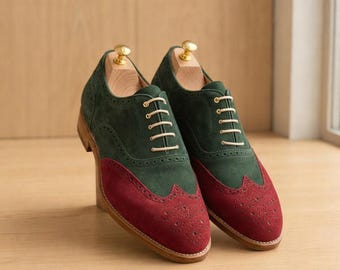 Green Burgundy Wingtip Oxford Shoes, Two Tone Brogue Dress Shoes, Handmade Suede Leather Shoes, Mens Formal Wedding Shoes