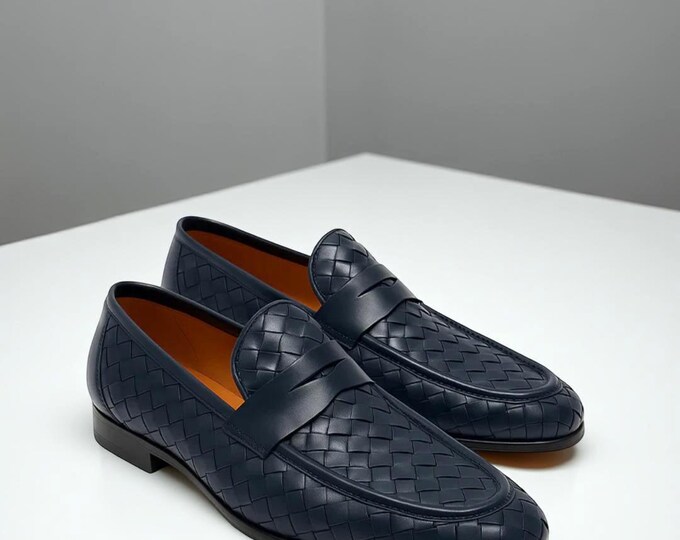 Handcrafted Navy Blue Woven Leather Loafers: Italian Style Penny Dress Shoes