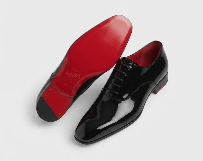 Black Patent Leather Oxford Shoes, Handmade Men's Formal Lace Up Dress Shoes