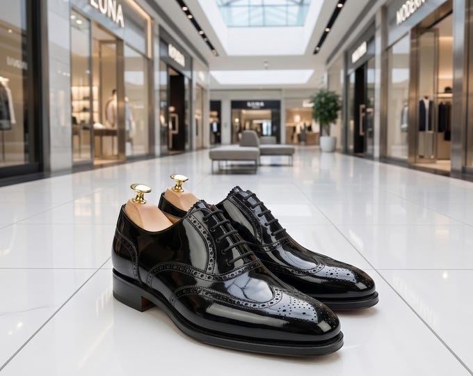 Handcrafted Black Patent Leather Wingtip Oxfords, Men's Brogues, Formal Dress Shoes