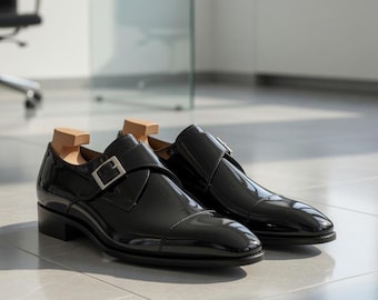 Black Patent Leather Monk Strap Shoes Men - Single Buckle Formal Dress Shoes Pointed Toe