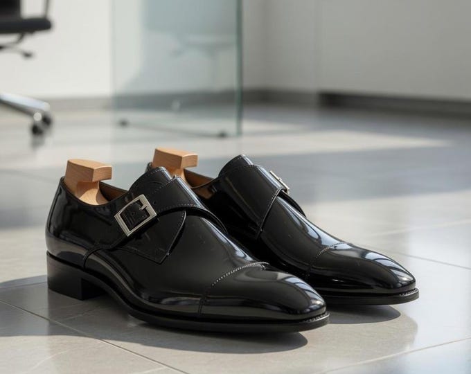 Black Patent Leather Monk Strap Shoes Men - Single Buckle Formal Dress Shoes Pointed Toe