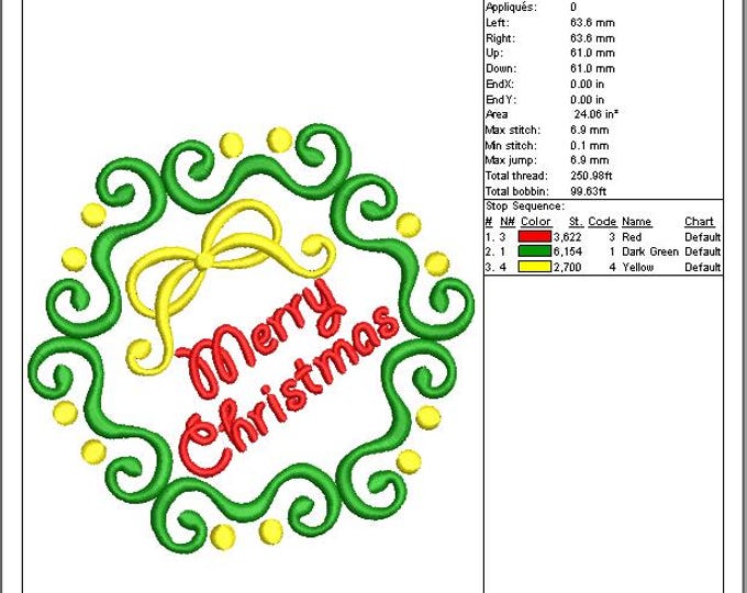 Merry Christmas Ribbon Embroidery Design | Holiday Wreath Machine Embroidery File (DST, PES, EXP)