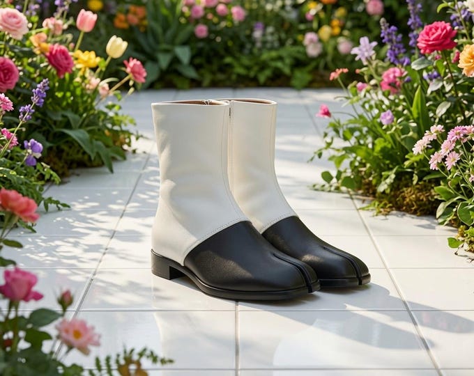 Handmade Leather Tabi Boots, Black and White Split Toe Ankle Boots