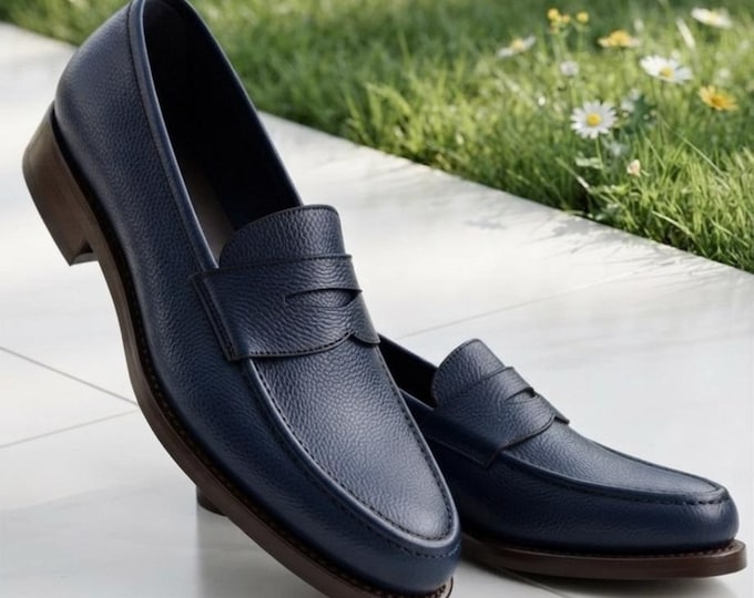 Handmade Navy Full Grain Leather Penny Loafers | Men's Moc Toe Slip On Dress Shoes