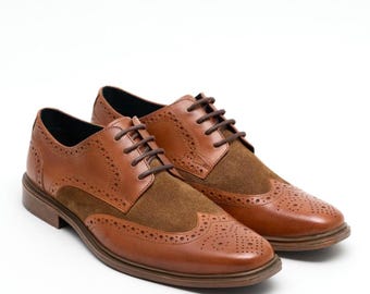 Two-Tone Leather & Suede Brogue Shoes for Men – Handmade Oxford Dress Shoes | Classic Wingtip Derby