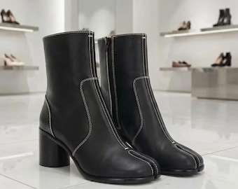 Handmade Black Zipper Tabi Split Toe Leather Boots Japanese-Inspired Hoof Boots Margie la Style Ankle Boots Fashion Footwear