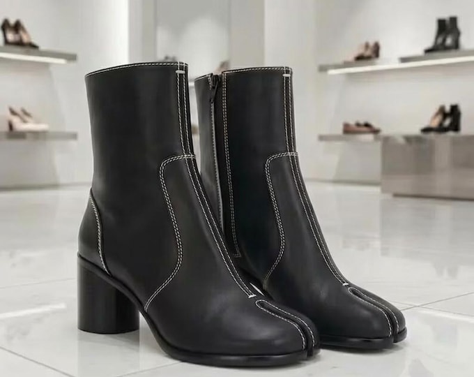 Handmade Black Zipper Tabi Split Toe Leather Boots Japanese-Inspired Hoof Boots Margie la Style Ankle Boots Fashion Footwear