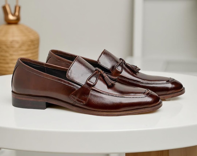 Handmade Brown Leather Tassel Loafers: Men's Formal Dress Shoes
