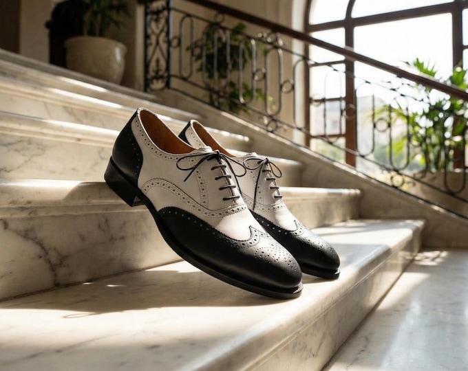 Handmade Black & White Leather Oxford Shoes: Wingtip Brogues
