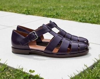 Deep Purple Leather Fisherman Sandals, Handmade Gladiator Sandals, Closed Toe Leather Sandals, Summer Shoes, Custom Made Footwear