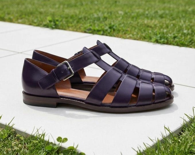Deep Purple Leather Fisherman Sandals, Handmade Gladiator Sandals, Closed Toe Leather Sandals, Summer Shoes, Custom Made Footwear