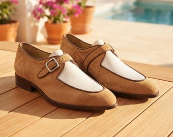 Handmade Tan Leather Shoes, Handmade Monk Strap Loafers, Buckle Dress Shoes, Vintage Casual Shoes, Custom Handmade Footwear