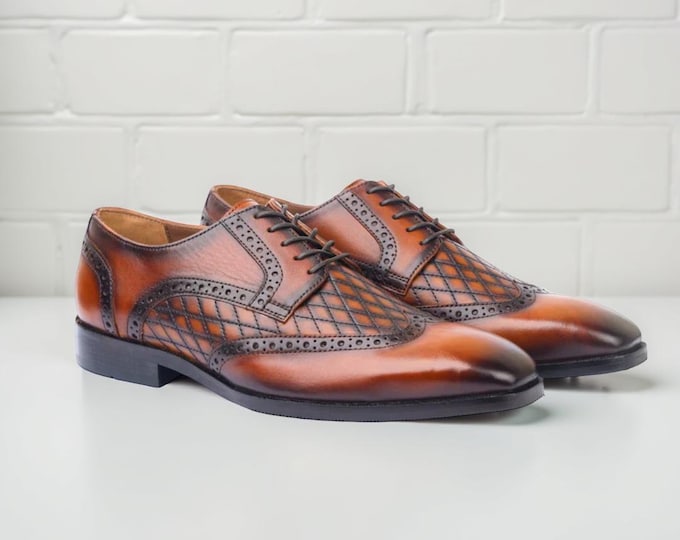 Handmade Burnished Tan Leather Oxford Shoes: Wingtip Brogue, Quilted Detail