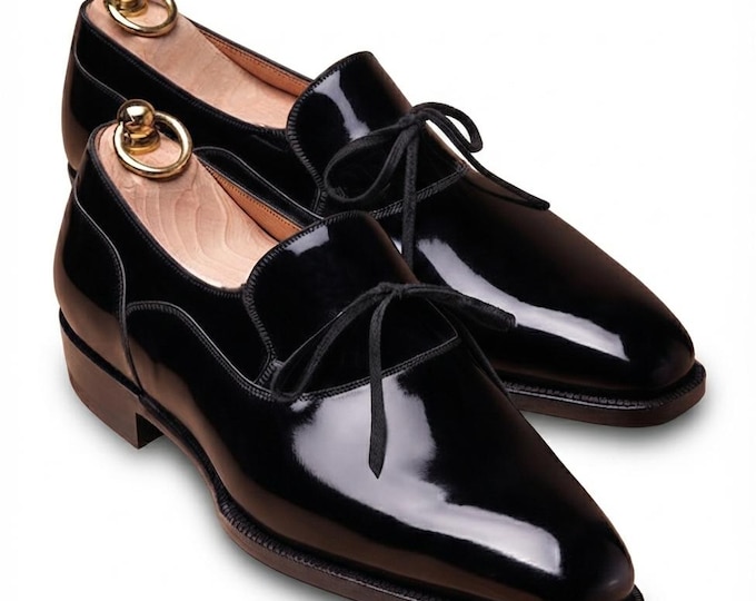 Handmade Black Patent Leather Tie Shoes, Custom Men Dress Shoes, Formal Tuxedo Shoes, Luxury Bespoke Footwear, Groomsman Wedding Shoes