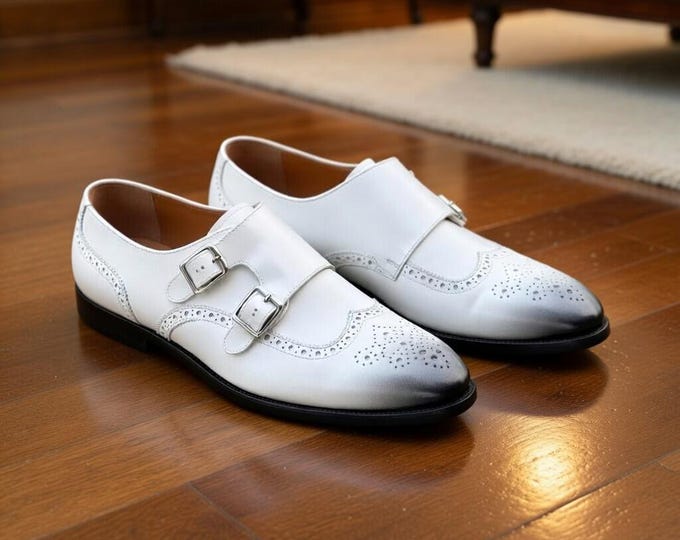 Handmade White Leather Double Monk Strap Shoes – Men’s Brogue Wedding Footwear