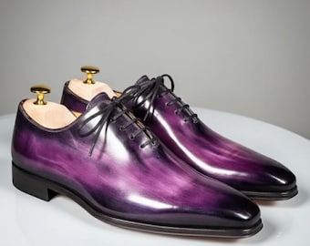 Handmade Purple Patina Oxford Dress Shoes: Luxury Leather Wedding Shoes