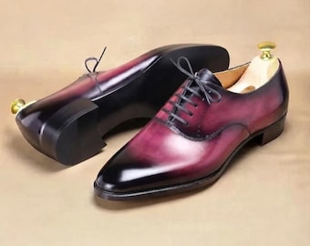 Handmade Pink and Black Oxford Shoes, Glossy Leather Dress Shoes, Men’s Custom Formal Brogues, Luxury Business Wedding Shoes, Gift for Him
