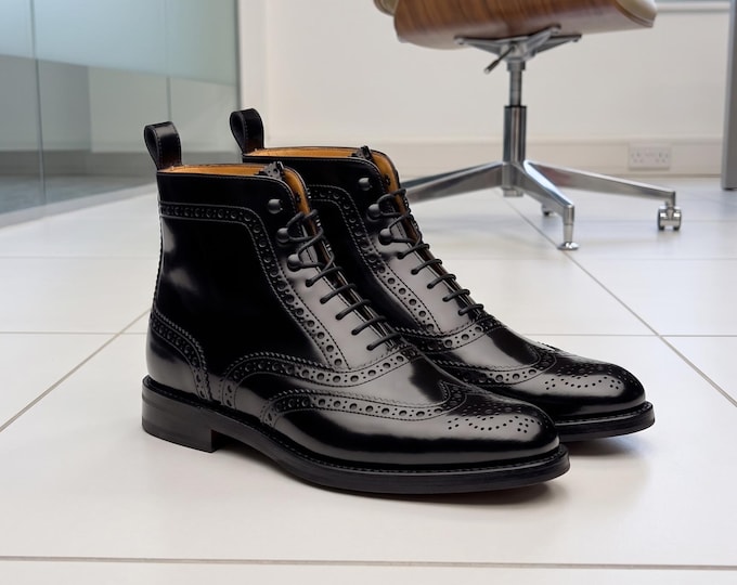 Handcrafted Black Leather Wingtip Brogue Ankle Boots – Classic Victorian Lace-Up Dress Boots for Men