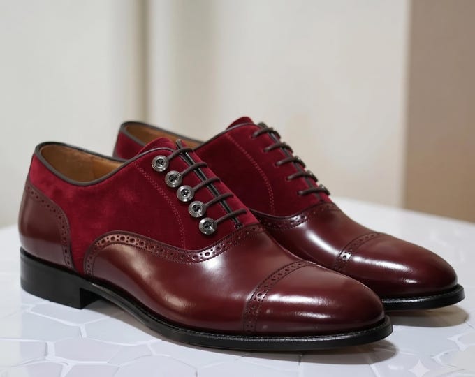 Men's Burgundy Leather Oxford Cap Toe Shoes – Handmade Suede Dress Formal Wedding Footwear