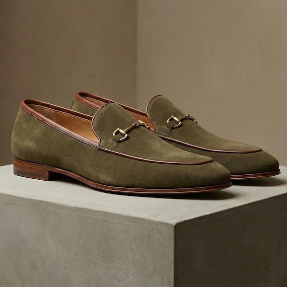 Handmade Olive Suede Horsebit Loafers – Italian Leather Dress Shoes