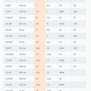 May include: Men's shoe size chart with length in inches and centimeters, US, UK, European, and Japanese sizes. Includes conversions for sizes 6 to 17, with corresponding centimeter measurements from 23.5 cm to 33 cm.