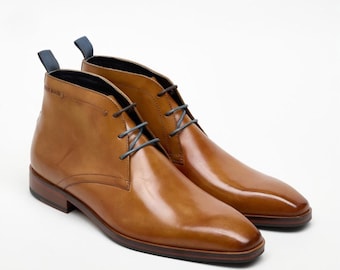 Men’s Tan Leather Chukka Boots – Handmade Dress Boots for Work, Weddings & Casual Wear – Premium Genuine Leather Footwear
