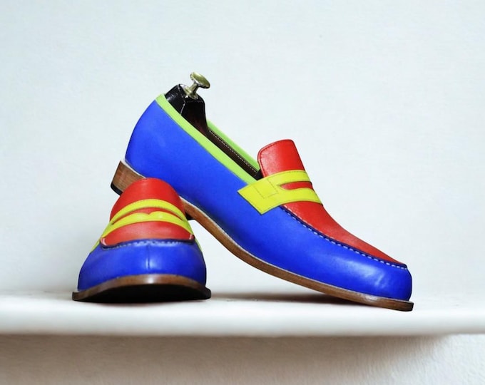 Color Block Leather Loafers: Handmade Unisex Penny Moccasins
