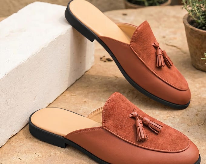 Handmade Brown Leather Tassel Mule Loafers – Men's Slip-On Backless Shoes