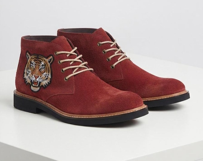 Handmade Red Suede Boots - Men's Custom Chukka Boots with Tiger Embroidery, 4-Hole Lace-Up Ankle Booties, Black Sole Designer Footwear
